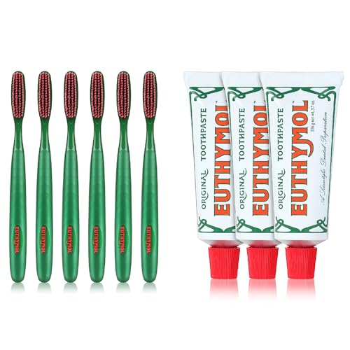 Euthymol Original Toothpaste Pack of 3 + Classic Toothbrush Pack of 6 for Sensitive Teeth & Gum. Bad Breath, Cavity Prevention, Gentle, Quick Cleaning