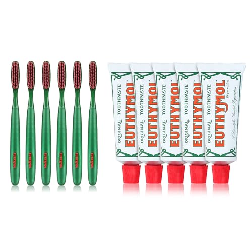 Euthymol Original Toothpaste Pack of 5 + Classic Toothbrush Pack of 6 for Sensitive Teeth & Gum. Bad Breath, Cavity Prevention, Gentle, Quick Cleaning.