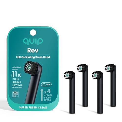 quip Rev Oscillating Electric Toothbrush Heads - 4 Pack - Verified quip Brush Head Refills for Oscillating Toothbrushes - Soft Bristles, Dual-Length, Compact - Last 3 Months Each - Black