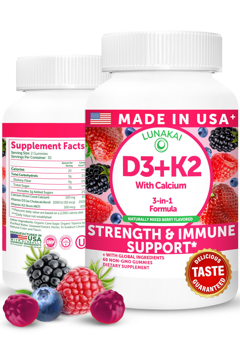 Lunakai USA Made Vitamin D3 K2 Gummies with Calcium – 3-in-1 Daily Vegan Supplement for Bone & Immune Support for Women, Men & Kids, 60ct 60 Count (Pack of 1) Vitamin D3 + K2