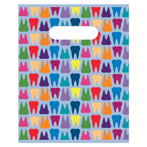 Practicon Rainbow Teeth 8" x 10" Dental Giveaway Bag, Dental Hygiene Patient Care Goodie Bag, Dentist Office Plastic Gift Bags, 100 Pack 8" x 10"