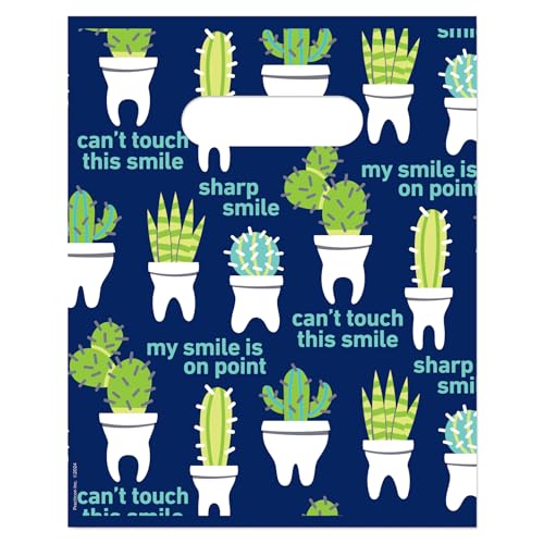 Practicon Cactus Teeth 8" x 10" Dental Giveaway Bag, Dental Hygiene Patient Care Goodie Bag, Dentist Office Plastic Gift Bags, 100 Pack 8" x 10"