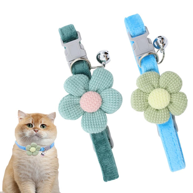 (2-Pack, Blue & Green) Pet Collars - Adorable Cartoon Knitted Flower, Adjustable Length (22-29cm), Cat Collars, Soft & Comfortable, Kitten Collar with Bell，Suitable for Cats and Small Dogs