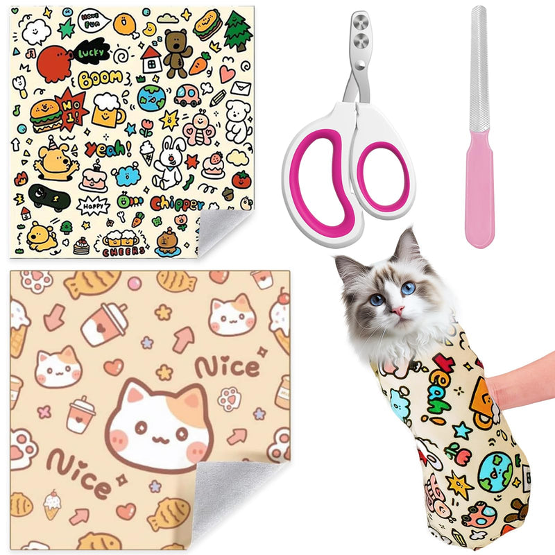 Cat Wrap for Cutting Nails, 2 Different Sizes Cat Restrain with Cat Nail Clipper and Nail File,Velcro Fabric for Cats,Cat Grooming Wrap,Self-Adherent/Anti-Scratch/Escape/Bitten( L21.6in &XL27.6in ) - BeesActive Australia