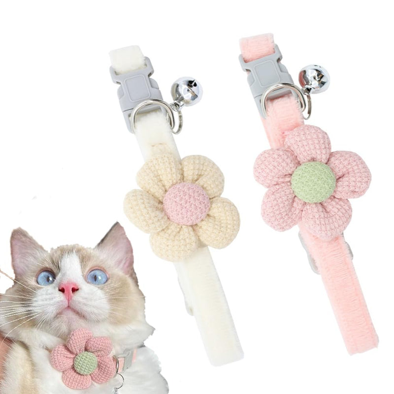(2-Pack, Beige & Light Pink) Pet Collars - Adorable Cartoon Knitted Flower, Adjustable Length (22-29cm), Cat Collars, Soft & Comfortable, Kitten Collar with Bell，Suitable for Cats and Small Dogs