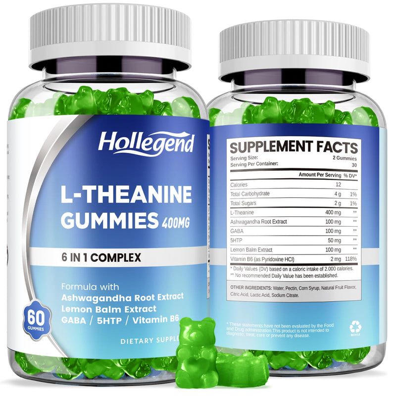L-Theanine Gummies, l'theanine 400mg Supplement for Adults & Kids | With Ashwagandha, GABA, 5HTP, Lemon Balm, Vitamin B6, Relax, Zzz & Focus Support, Vegan, Lemon Flavor, 120 Chewables 1 Count (Pack of 120)