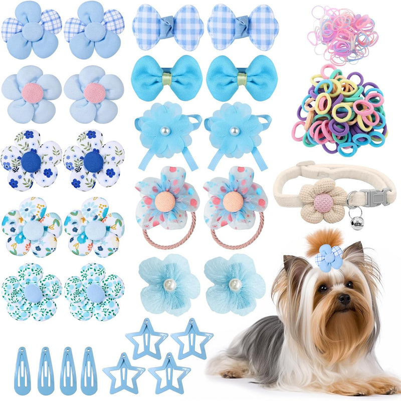 180+ Pcs Blue Dog Hair Accessories Set,Small Dog Hair Bows with Rubber Bands,Cute Puppy Hair Ties,Bowties for Small Dogs Cats,Dog Hair Clip,Floral Bell Collar,Flower Scrunchie - BeesActive Australia