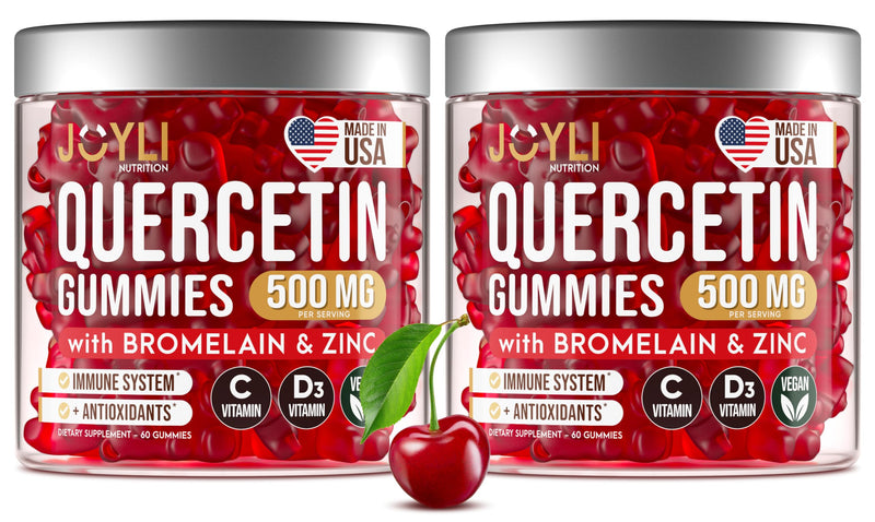 2 Pack - JOYLI Quercetin Gummies with Bromelain, Zinc, Vitamin C & D3 – Sugar-Free Quercetin Supplement for Immune Support & Seasonal Wellness – 500mg Quercetin for Kids & Adults – 60 Gummies per Pack 60 Count (Pack of 2)