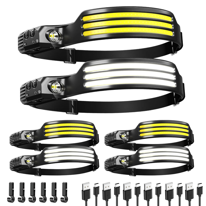 6 Pack Headlamp Rechargeable, LED Headlight Flashlight Super Bright with 230° Wide Beam, Motion Sensor, 5 Modes Waterproof Head Lamp for Outdoor Hiking Running Camping - BeesActive Australia