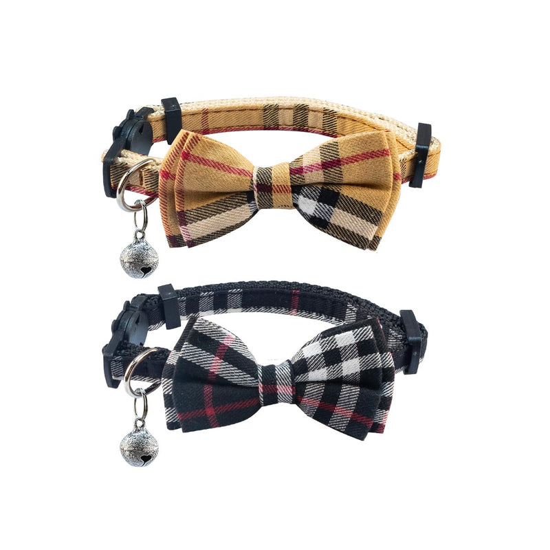 SuperBuddy Cat Collars Breakaway with Cute Bow Bell - 2 Pack Kitten Collar Plaid Cat Collar with Removable Bowtie Cat Collar for Cats Kittens… beige+black - BeesActive Australia
