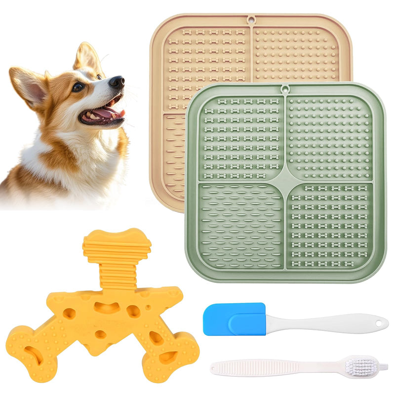 2pcs Silicone Dog Lick Mat & Nylon Cheese Flavor Dog Chew Toys, Pet Slow Feeder Licking Mat for Butter Yogurt Peanut, Anxiety Relief Pet Supplies for Puppy Cat Kitten Khaki Yellow & Khaki Green - BeesActive Australia