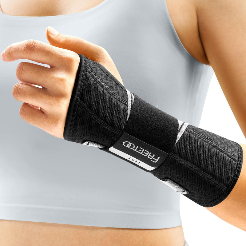FREETOO Wrist Support Brace Left Hand for Tendonitis, Sprained Wrist, Strain, Pain Relief Wrist Splint for Carpal Tunnel, Arthritis, Wrist Immobilizer Fit Women and Men for Sleeping (S/M, Black/Grey) Left-Gray/Black S/M