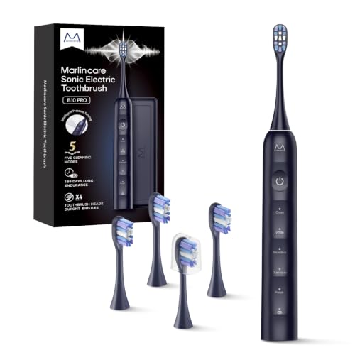 Electric Toothbrush for Adults, Rechargeable Sonic Toothbrush with 180 Days Battery Life, 5 Modes, 48000VPM Motor, Smart Timer, IPX8 Waterproof, 4 Brush Heads and Travel Case, Midnight Blue