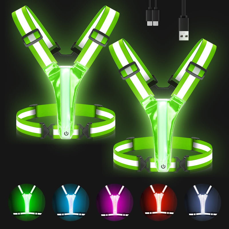 Zacro LED Reflective Vest Running Gear, 5 Lights Colors High Visibility Reflective Running Gear Rechargeable Light Up Running Vest for Walking Running Cycling, Adjustable for Men Women Kids Light Green 2