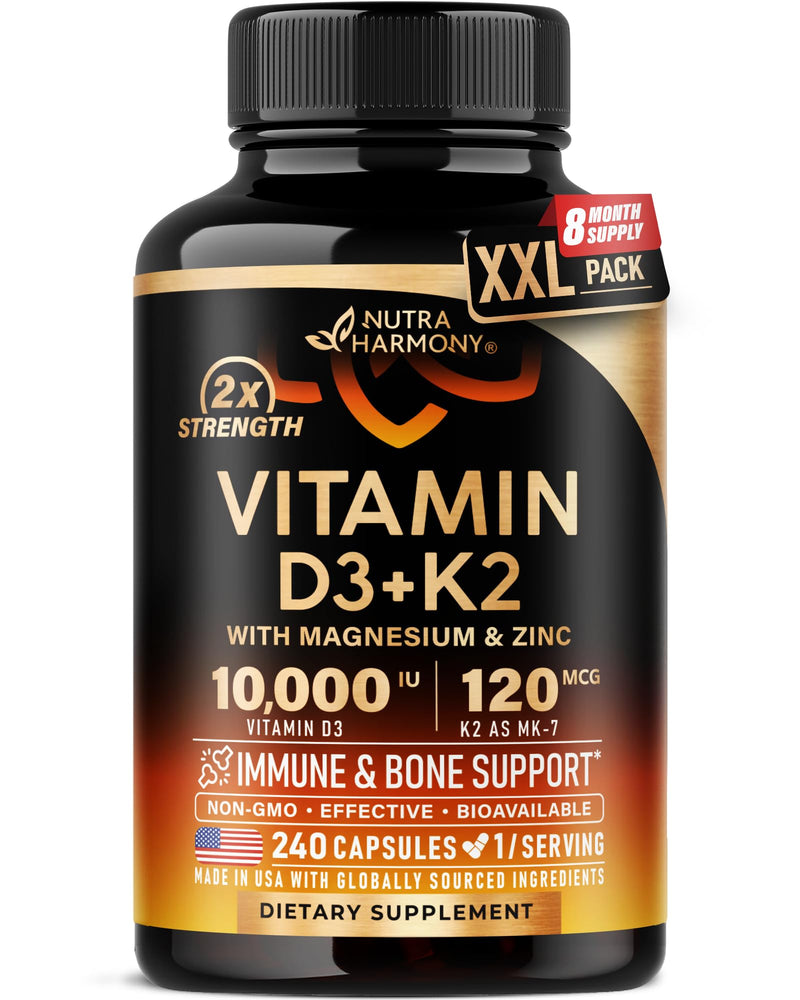 Vitamin D3 K2 - Vitamin D3 10000 iu & K2 as MK-7 120 mcg Complex - 240 Caps | D3 K2 + Magnesium, Zinc & Vitamin C & B12- Immune & Mood Support, Bone & Teeth Health - for Men & Women - Highly Bioavailable 240 Count (Pack of 1)