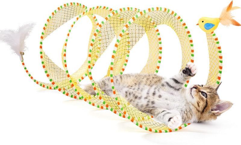 Potaroma Spiral Tunnel Cat Toy, Self Play Cat Play Spiral Kitten Tunnel Toy, Collapsible Spring Tunnel Toy for Indoor Cats with Feather and Bell, 20 Inches Unfolded - BeesActive Australia