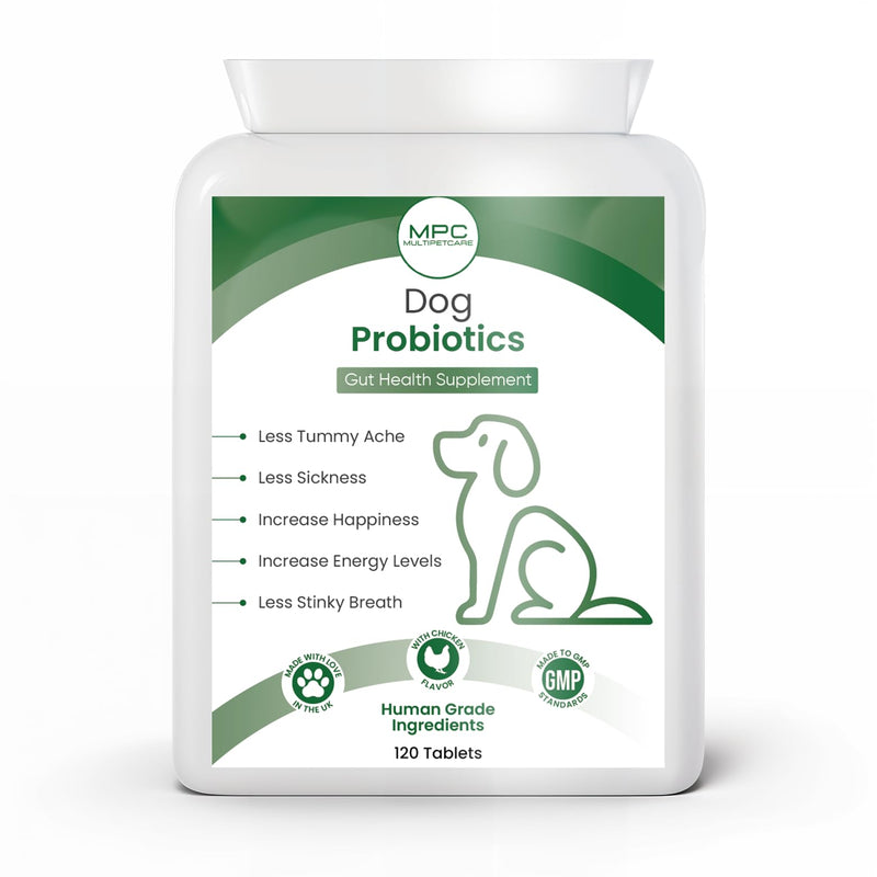 Probiotics for Dogs – 5-Strain 2 Billion CFU + Digestive Enzymes & Prebiotics | Gut Health, Firm Stools, Less Gas & Bloating | Full B-Complex Vitamins in One Tablet | Chicken Flavor | UK GMP | 120 Ct