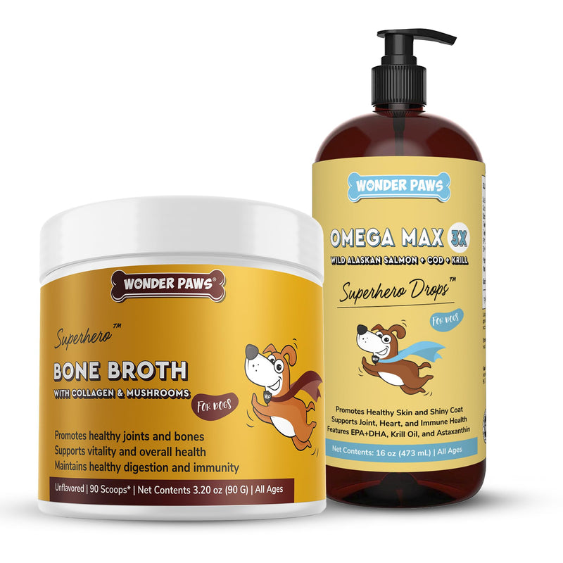 WONDER PAWS Bone Broth Powder Plus Omega Max Fish Oil - for Dog's Skin Health, Respiratory Support, Joint Care & Immune Support – Bone Broth 90 Scoops - Omega Max 16 Ounces