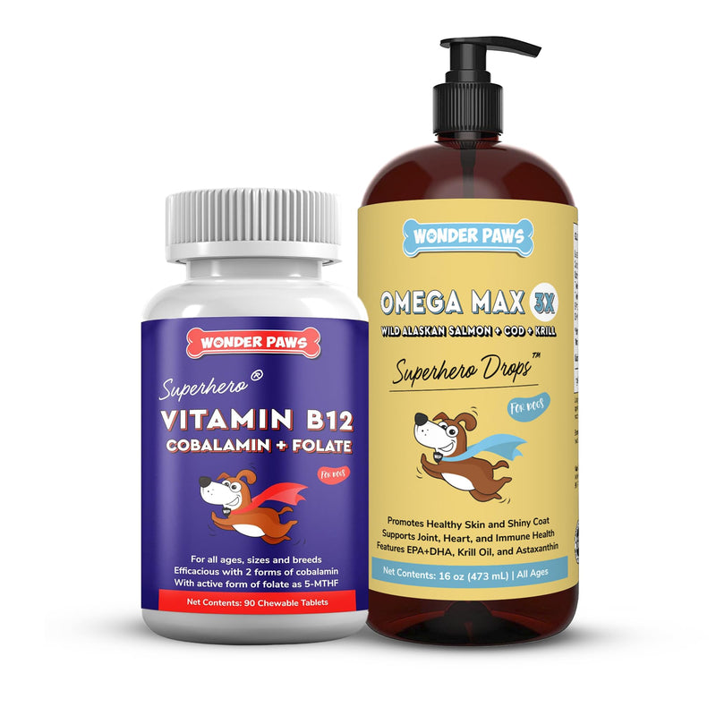 WONDER PAWS Vitamin B12 Tablets Plus Omega Max Fish Oil - for Dog's Skin Health, Respiratory and Cell Health & Immune Support – B12 90 Chewable Tablets - Omega Max 16 Ounces