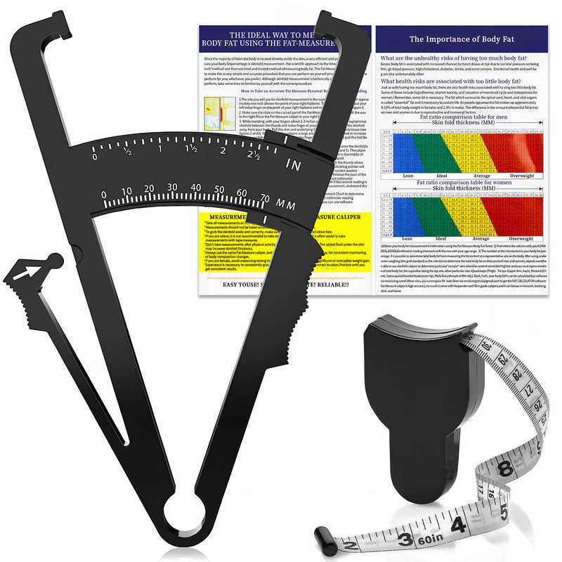 Body Fat Caliper and Body Measure Tape 60inch for Accurately Measuring BMI Skin Fold Fitness and Weight-Loss(Black) - BeesActive Australia