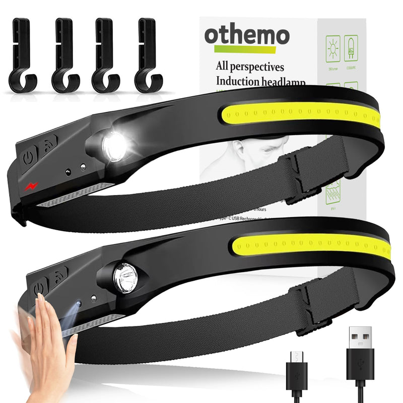 Othemo230 LED Headlamp, 230° Wide Beam Head Lamp, Motion Sensor LED Headlamp Rechargeable, 5Mode Headlamps for Adults, Bright Head Lights for Forehead, Hard Hat Headlight, Camping Essentials Gear 2Pcs 2