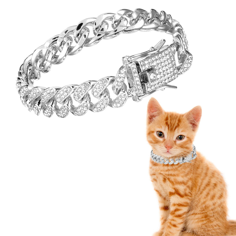 1PCS Dog Collar Diamond Cat Chain Collar Puppy Chain Dog Cuban Link Collar 12mm Wide Metal Pet Cat Dog Chain Pet Crystal Collar Jewelry Accessories for Large Medium Small Dogs Cats (8.66 Inch)(Silver) silver - BeesActive Australia