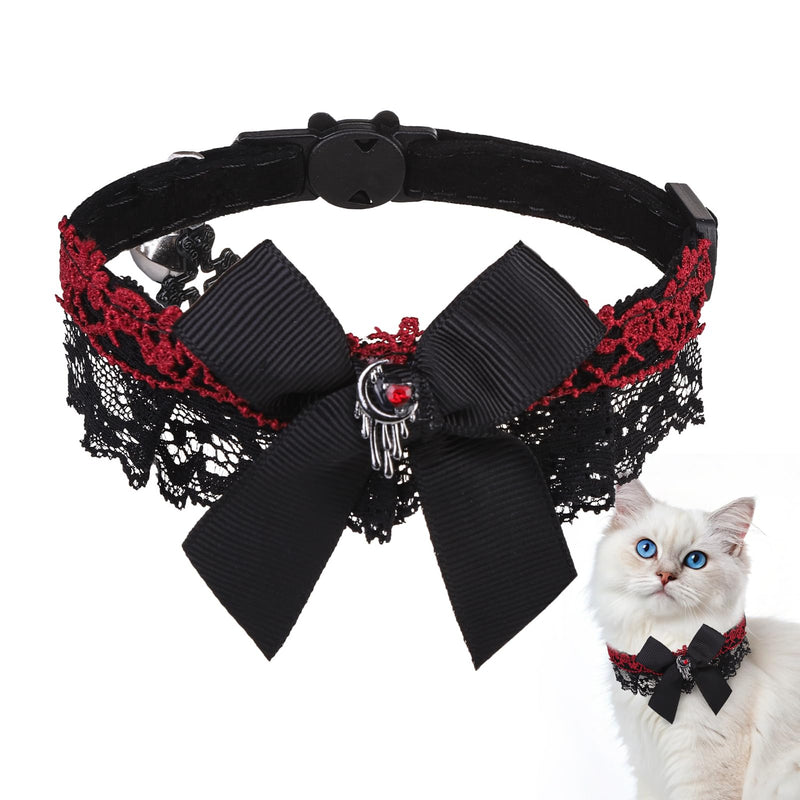 EXPAWLORER Cat Collar with Bells,Adjustable Soft Velvet Cat Collar Breakaway with Cross Accessory,Safety Quick Release Gothic Style Pet Collar for Cat,Kitten,Small Dog Red - BeesActive Australia