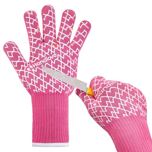 HandLove BBQ Gloves, Oven Gloves with Fingers – Heat Resistant Gloves for Grilling | Silicone Grip, Long Cuff Mitts - Kitchen & Outdoor Barbecue, Cooking, Baking, Pink L