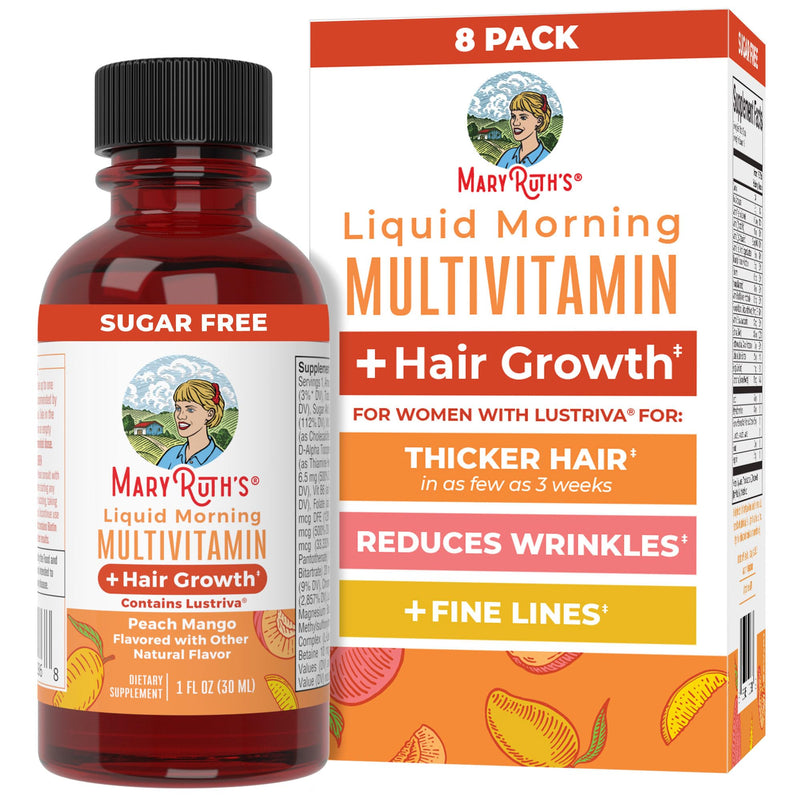 MARYRUTH'S Liquid Multivitamin + Hair Growth Travel Pack, 1 Fl Oz, 8 Pack | Biotin 10000mcg, Lustriva Hair Growth Supplement, Clinically Tested in Women for Thicker Hair & Facial Wrinkle, 18+ Peach Mango 8 Count (Pack of 1)
