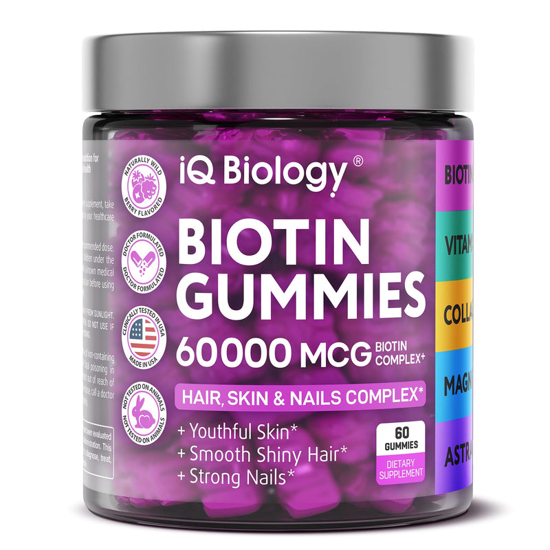 Hair Skin and Nails Gummies with Biotin Collagen Keratin Astragalus - Hair Growth Supplement & Hair Vitamins for Hair Loss for Women & Men, Hair Skin and Nails Multivitamin B7 Gummies, 60 Gummy Bears 60 Count (Pack of 1) - BeesActive Australia