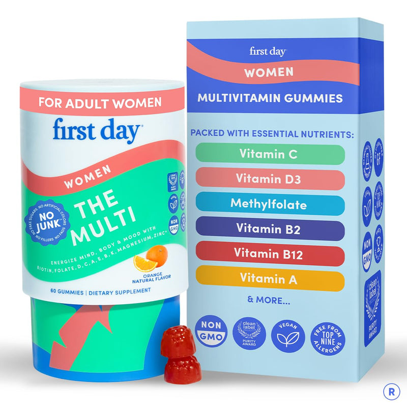 FIRST DAY Women's Multivitamin Gummies with Methylated Folate, 60 Gummies | Vegan daily multivitamin for women with biotin, zinc and organic superfood blend; take 2 gummies daily for everyday nutrition 60 Count (Pack of 1) Womens