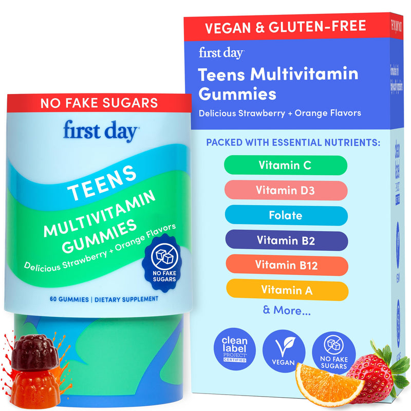 FIRST DAY Vitamins for Teens - Teen Multi Vitamins for Girls & Boys 12-17, Organic Fruit & Veggie Blend - 12 Key Nutrients: Vitamins A, B1, B2, B6, B9, B12, C, D3, E, K2-30 Day Supply 60 (Pack Size 1)