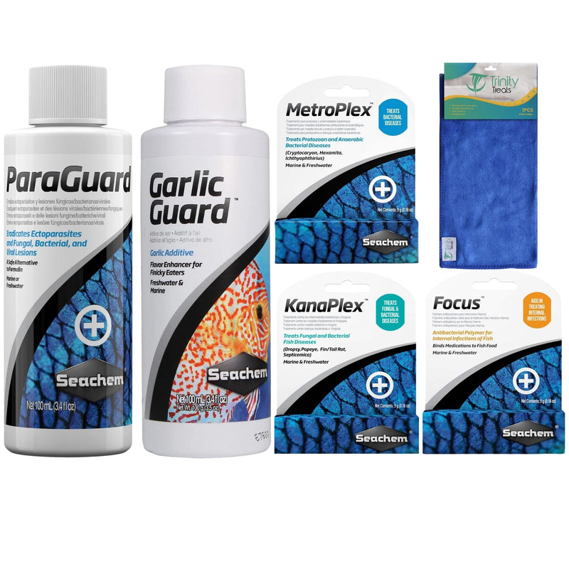 Trinity Treat ParaGuard 100ML, GarlicGuard 100ML, Focus 5g, kanaplex 5g Metroplex 5g for Freshwater and Saltwater Including Microfiber Cleaning Cloth(ParaGuard, GarlicGuard, Kanaplex Focus Metroplex) - BeesActive Australia