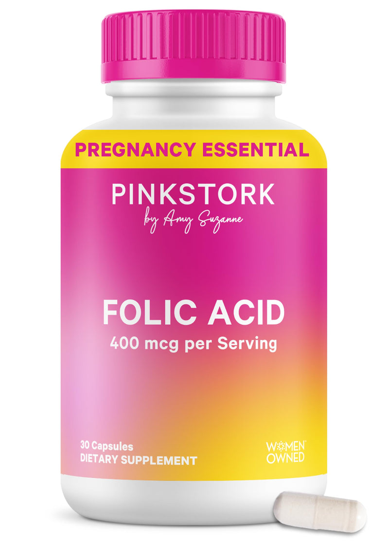 Pink Stork Folic Acid Supplement for Women – 400mcg, Daily Vitamin B9 for Prenatal & Fertility Support, Supports Red Blood Cell Formation & Energy – 30 Vegetarian Capsules - BeesActive Australia