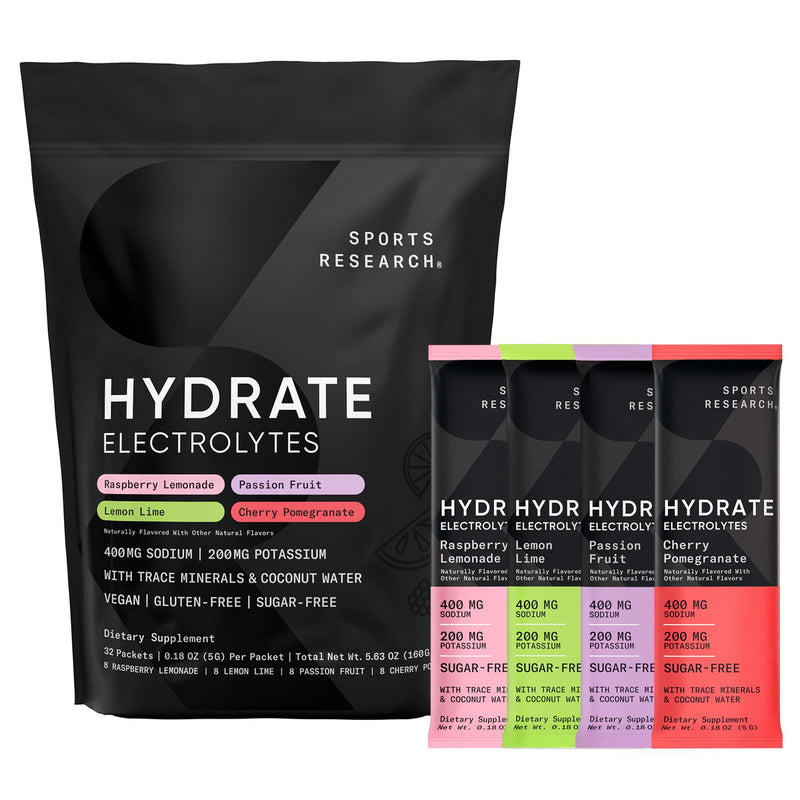 Sports Research® Hydrate Electrolytes, 32 Variety Packets | Sugar-Free Passion Fruit (4), Cherry Pom. (4), Lemon Lime (4), Raspberry Lemonade (4) w/ Vitamins, Minerals, & Coconut Water Variety Pack 5.63 Ounce (Pack of 1)