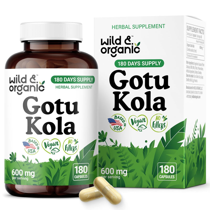Wild & Organic Gotu Kola Capsules 600 mg - Brain & Focus Support - Gotu Kola Supplement - Centella Asiatica Powder - 180 Days of Supply - Vegan, No Fillers, Non-GMO - 180 Count