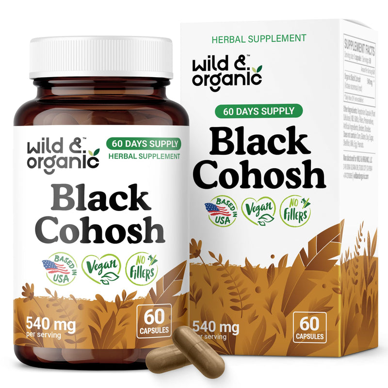 Wild & Organic Black Cohosh for Women Capsules 540 mg - Natural Support - Black Cohosh Root Supplement - Actaea Racemosa Herb - 60 Days of Supply - Vegan, No Fillers, Non-GMO - 60 Count