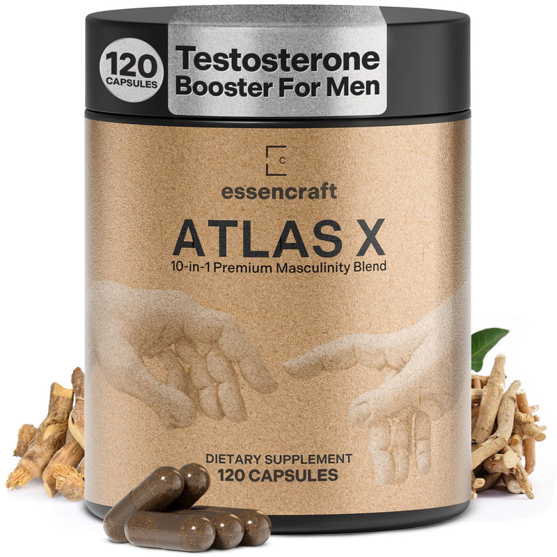 Essencraft Atlas X Testosterone Supplement for Men – 10-in-1 Natural Testosterone Booster & Muscle Booster w/Shilajit, Zinc, Tongkat Ali, & More (120 Capsules) 1
