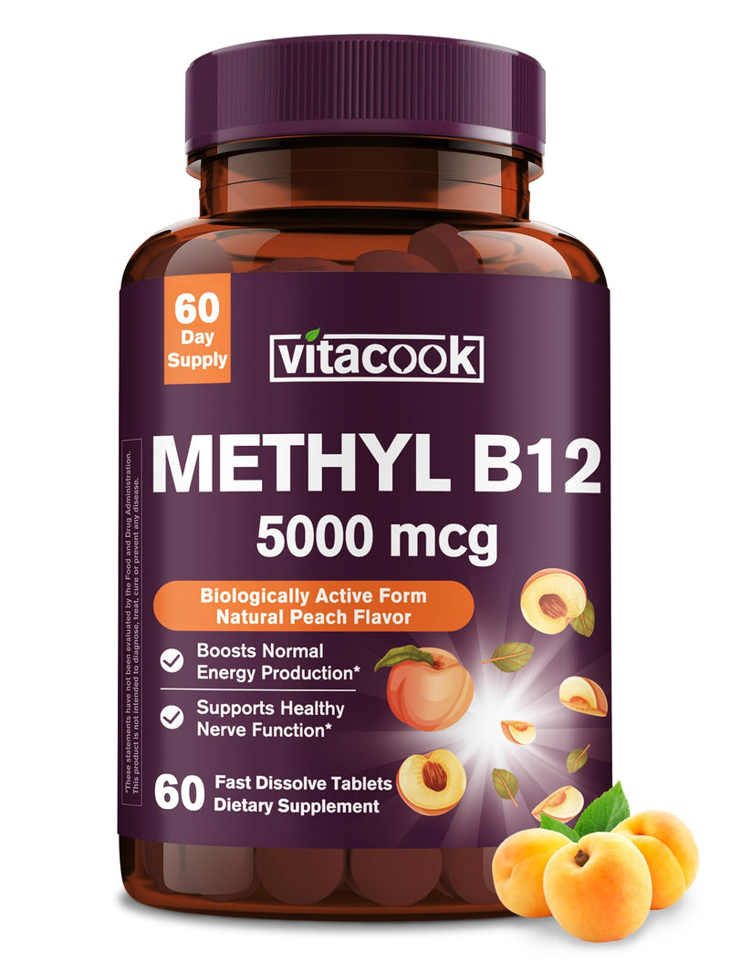 Vitamin B12 Sublingual, Methylcobalamin 5000mcg for Energy Production | Energy, Nerve & Cell Support, Natural Peach Flavor, Vegan, Zero Sugar, 60 Fast Dissolve Tablets 60 Count (Pack of 1)