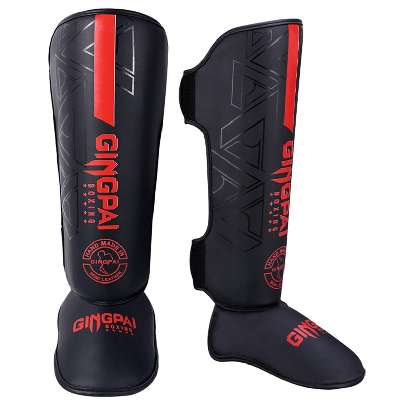 MMA Martial Arts Shin Guards, Padded, Adjustable Muay Thai Leg Guards with Instep Protection for Kickboxing,Training, Sparring, TaekwondoTraining Gear, Leg Instep Protection Pads Black red Small