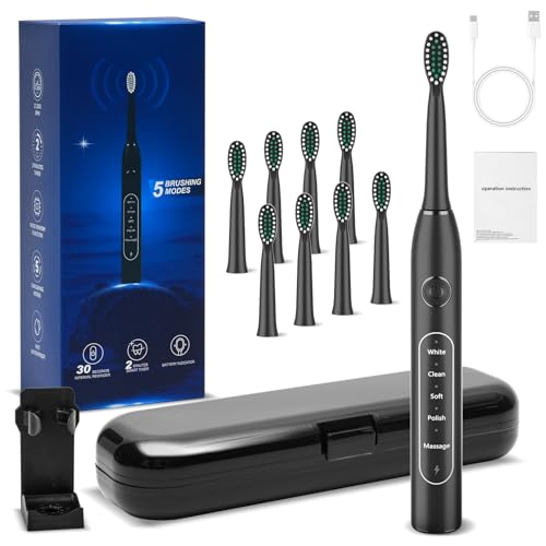 Electric Toothbrush for Adults with 8 Replacement Brush Heads, Travel Bag, 5 Cleaning Modes, IPX7 Waterproof, Rechargeable, Smart Timer, Black Whitening Power Toothbrush Set