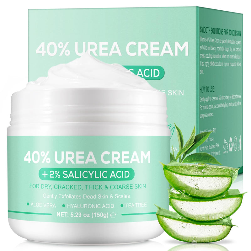 Urea Cream 40 Percent for Feet - 40% Urea Cream Plus 2% Salicylic Acid with Hyaluronic Acid,Tea Tree, Aloe Vera for Dry Cracked Heels, Knees & Maximum Strength Foot Deep Moisturizer(5.29 OZ) - BeesActive Australia