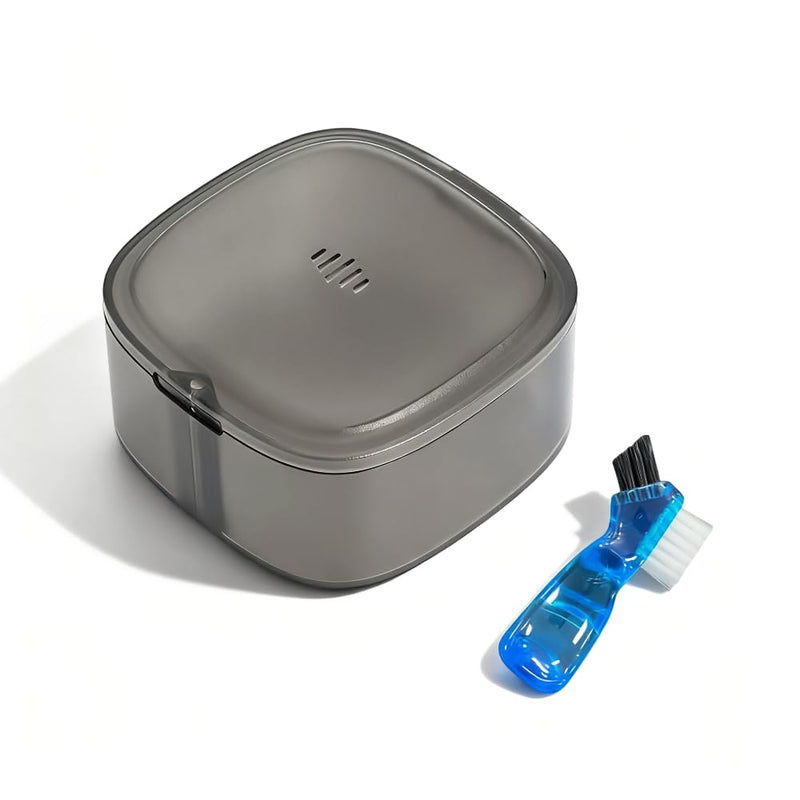 Discreet Denture Case with Vent Holes, Deep Denture Bath Cup with Brush, Tall Denture Box for Soaking, Large Cleaning Container for Retainers and Aligners (Clear Black) Clear Black with Brush - BeesActive Australia