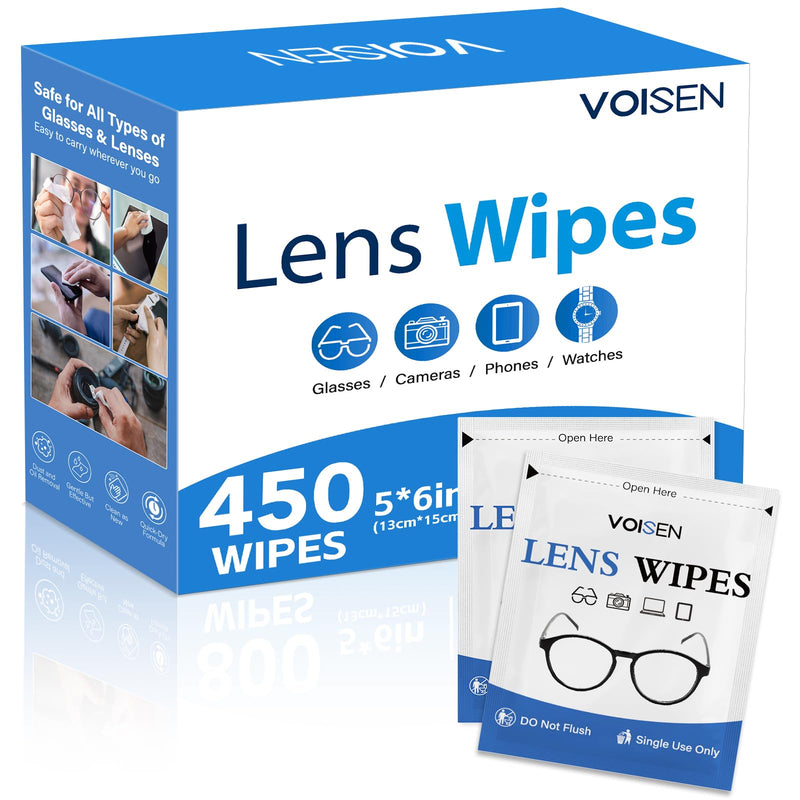 VOISEN Lens Wipes for Eyeglasses,450 Pack Eye Glasses Cleaner Wipes,Pre-Moistened Individually Wrapped Lens Wipes,Non-Scratching Non-Streaking,Safe for Eyeglasses, Goggles, Camera Lens, Phone 450 Pack