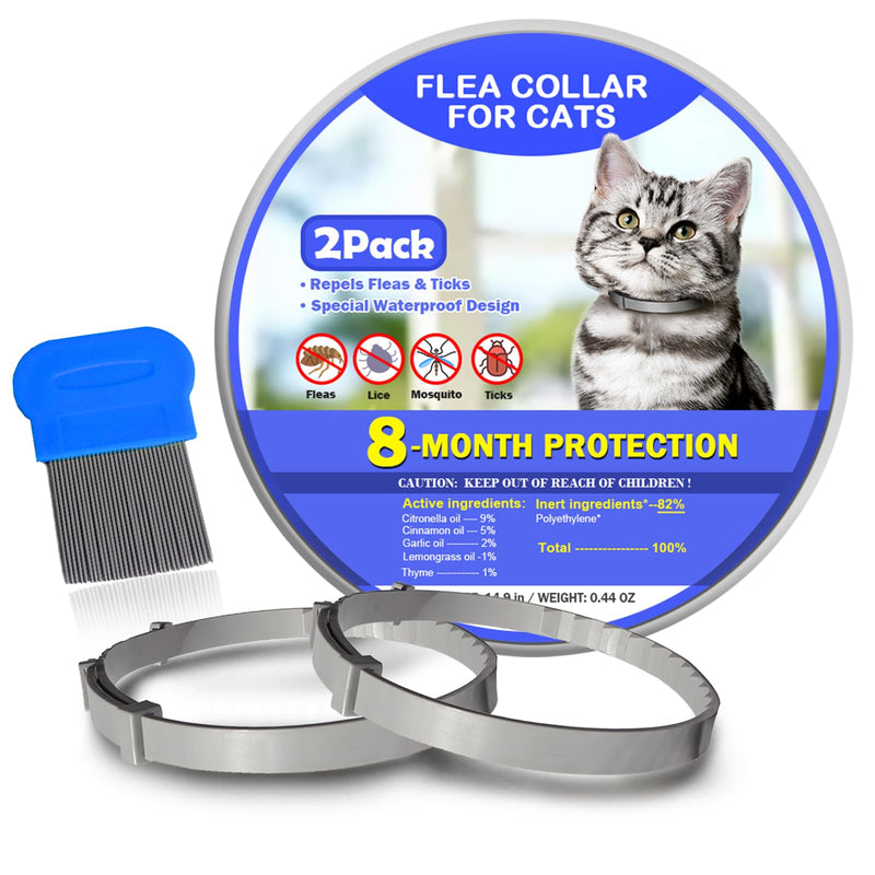 Flea and Tick Collar for Cats, 8 Months of Cat Flea Collar Protection 2 Collars Made with Premium Plant Based Essential Oil Waterproof and Natural Treatment Prevention Free Comb, 2Pack - BeesActive Australia