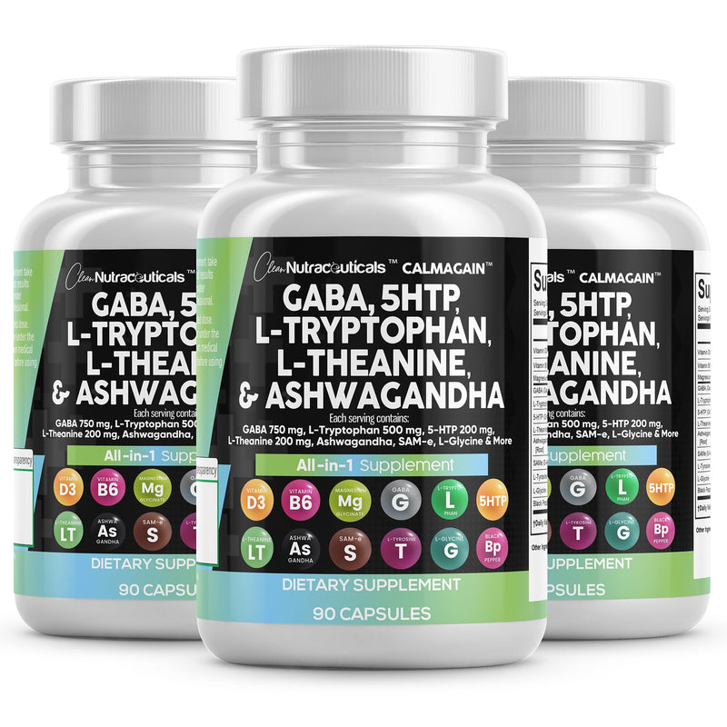 Clean Nutraceuticals GABA 750mg 5 HTP 200mg L Tryptophan 500mg L Theanine 200mg Ashwagandha SAM-e L-Glycine - Mood Support Vitamins for Women and Men with L-Tyrosine (90 Count (Pack of 3)) 30 Count (Pack of 3)