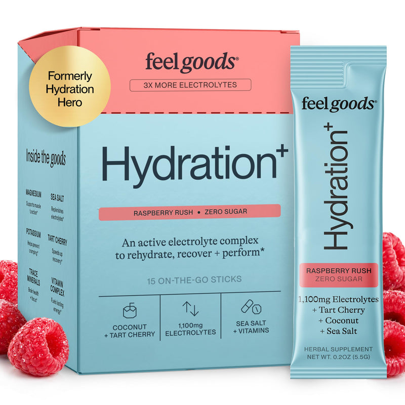 Feel Goods Hydration+, Sugar Free Electrolyte Powder Packets - 15 Count | Hydration Plus with 1,100mg Electrolytes with Magnesium, Potassium & Vitamins - Keto & Vegan, Energy Boost - Blue Raspberry 15 Servings (Pack of 15) Raspberry Rush
