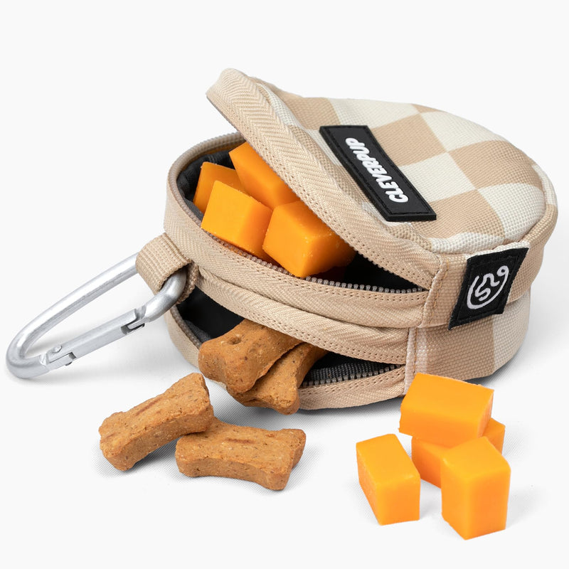 Snackpack Double Insulated Dog Treat Pouch - Holds 1.5 Cups - Dog Training and Walks Snack Bag, Two Pockets for Dry or Wet Treats, Attaches to Leash, Belt, or Bag - Checkerboard Tan Checkerboard - BeesActive Australia