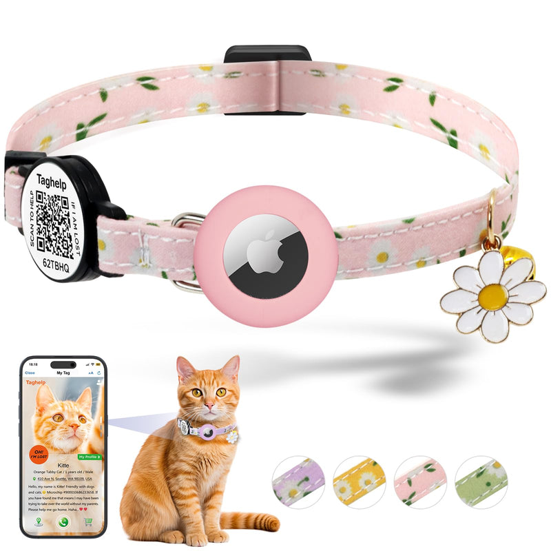 Airtag Cat Collar, Kitten Collar Breakaway with Silicone Airtag Holder with Smart ID tag, Bells & Flower Charm for Girl Cats Boy Small Dogs GPS,Integrated Cat Tracker /8-13in (Pink) - BeesActive Australia