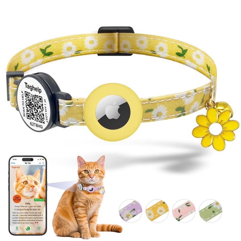 Airtag Cat Collar, Lightweight Kitten Collar Breakaway with Silicone Airtag Holder with Smart ID tag, Bells & Flower Charm for Girl Cats Boy Small Dogs, for Apple Air tag,GPS Tracker Holder (Yellow) - BeesActive Australia
